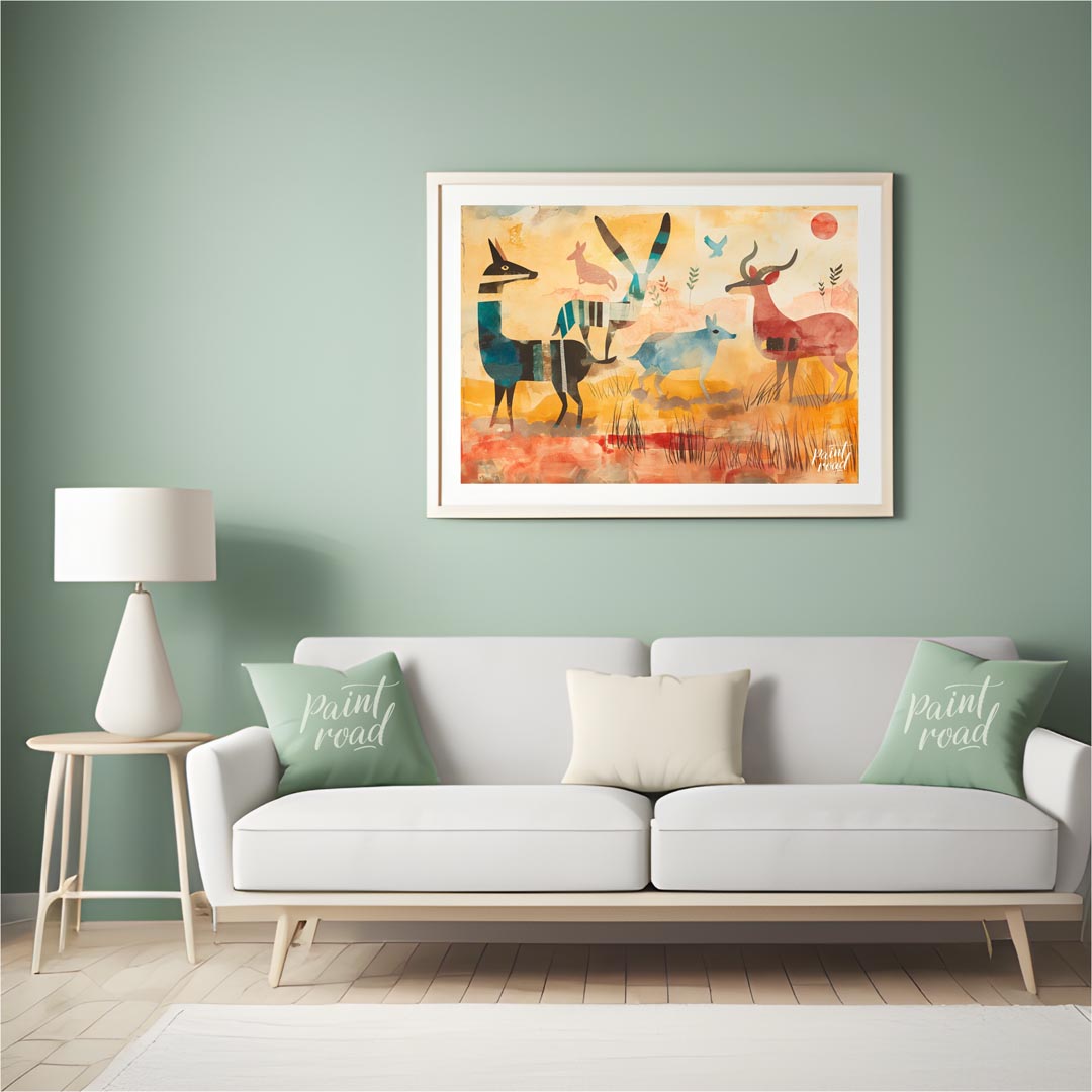 This vibrant and stylized artwork presents a whimsical interpretation of a savannah scene, populate… for living room