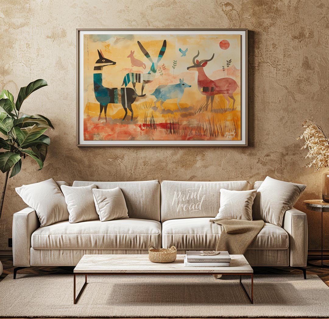 This vibrant and stylized artwork presents a whimsical interpretation of a savannah scene, populate… for living room