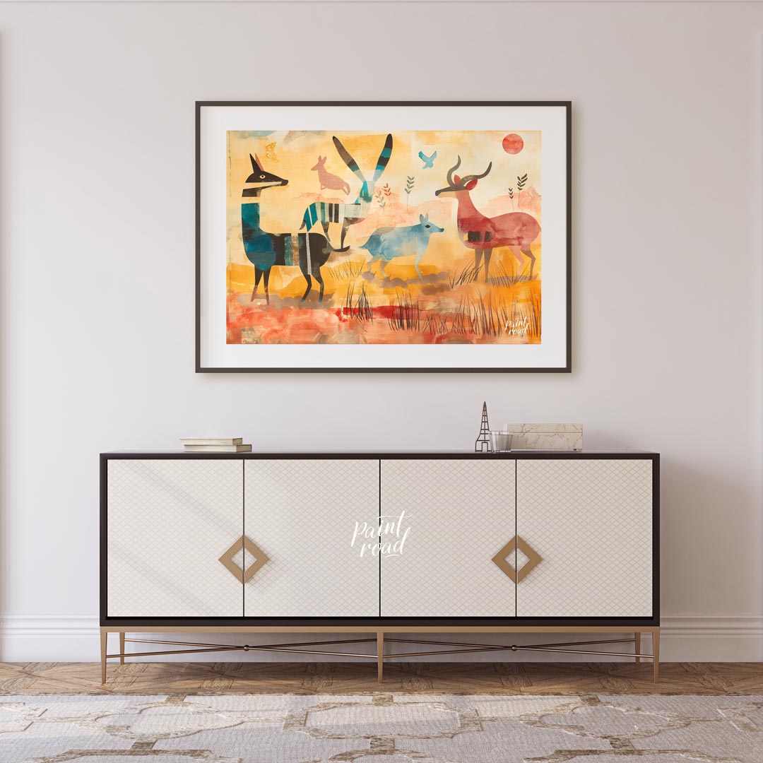 This vibrant and stylized artwork presents a whimsical interpretation of a savannah scene, populate… for living room