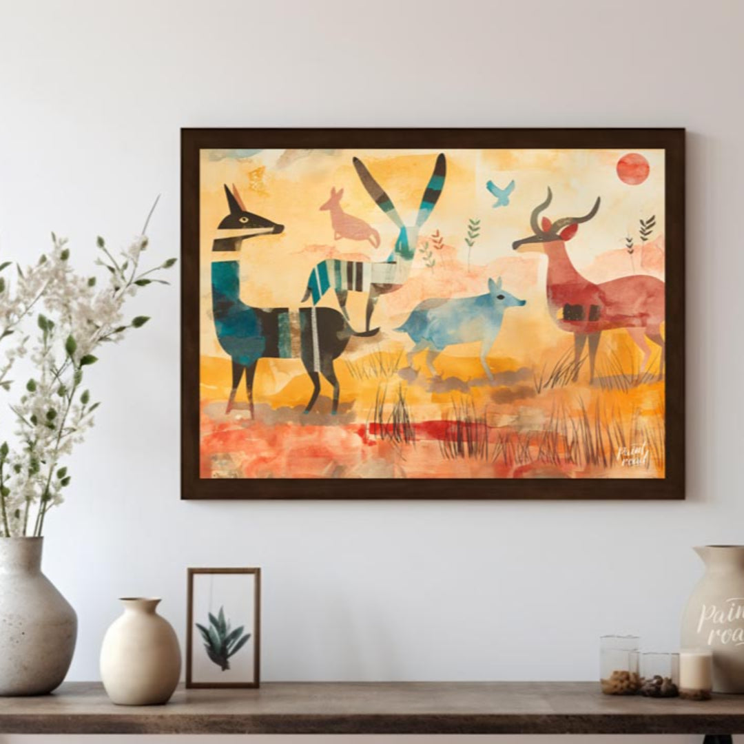 This vibrant and stylized artwork presents a whimsical interpretation of a savannah scene, populate… for living room
