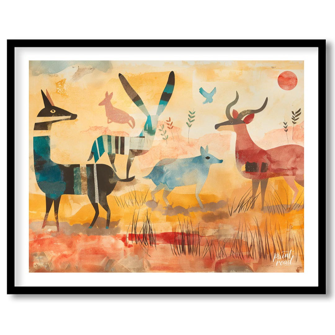 This vibrant and stylized artwork presents a whimsical interpretation of a savannah scene, populate… for sweet home