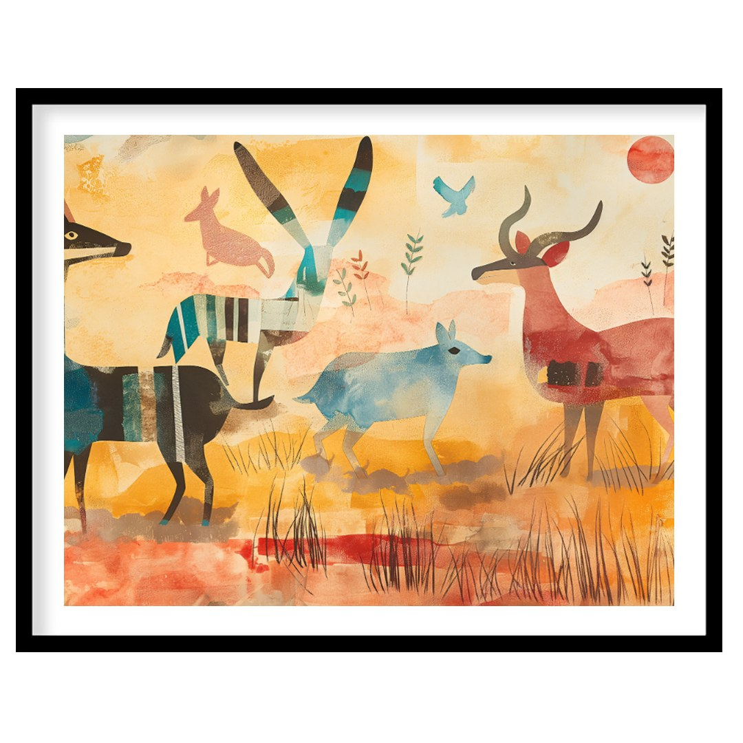 This vibrant and stylized artwork presents a whimsical interpretation of a savannah scene, populate… for sweet home