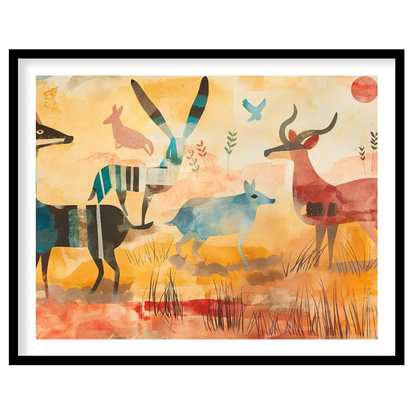 This vibrant and stylized artwork presents a whimsical interpretation of a savannah scene, populate… for sweet home