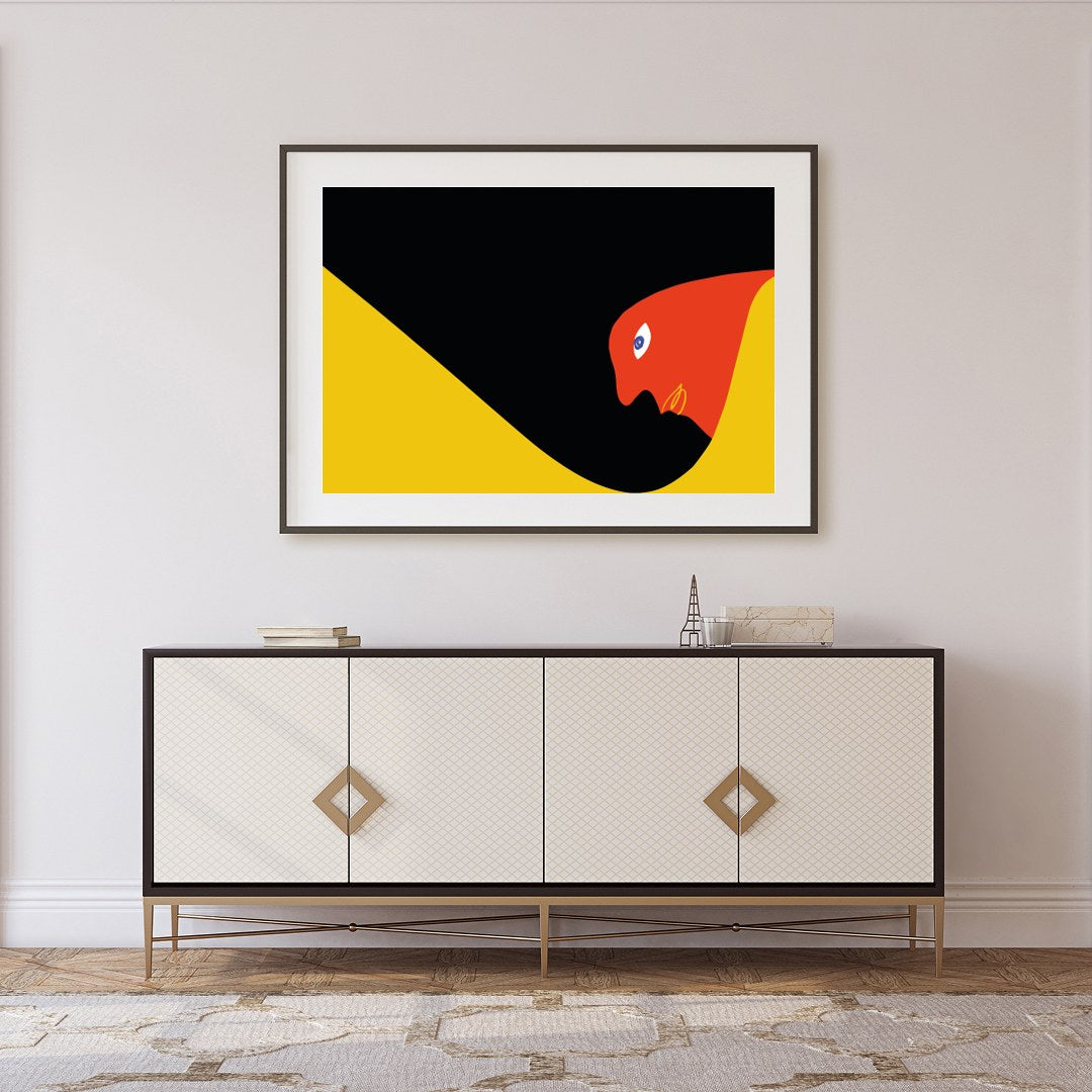 This captivating abstract artwork features a striking serpent-like form in bold, contrasting for Foyer