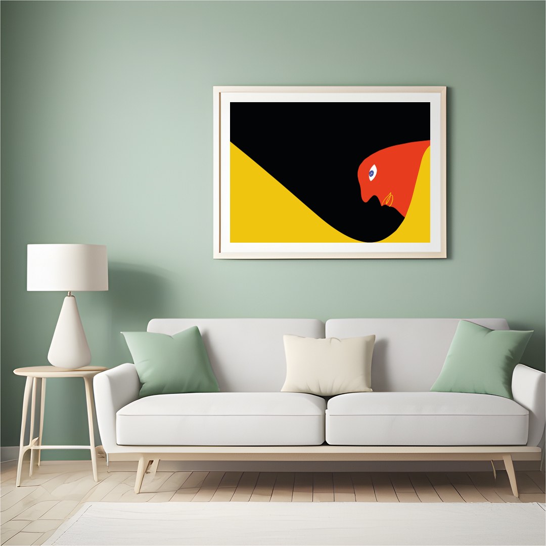 This captivating abstract artwork features a striking serpent-like form in bold, contrasting for Hall