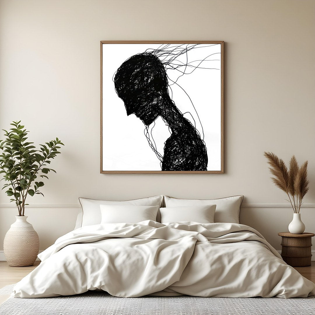 This captivating piece features a silhouette formed by a network of intricate black lines. The for Bedroom