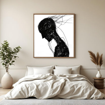This captivating piece features a silhouette formed by a network of intricate black lines. The for Bedroom