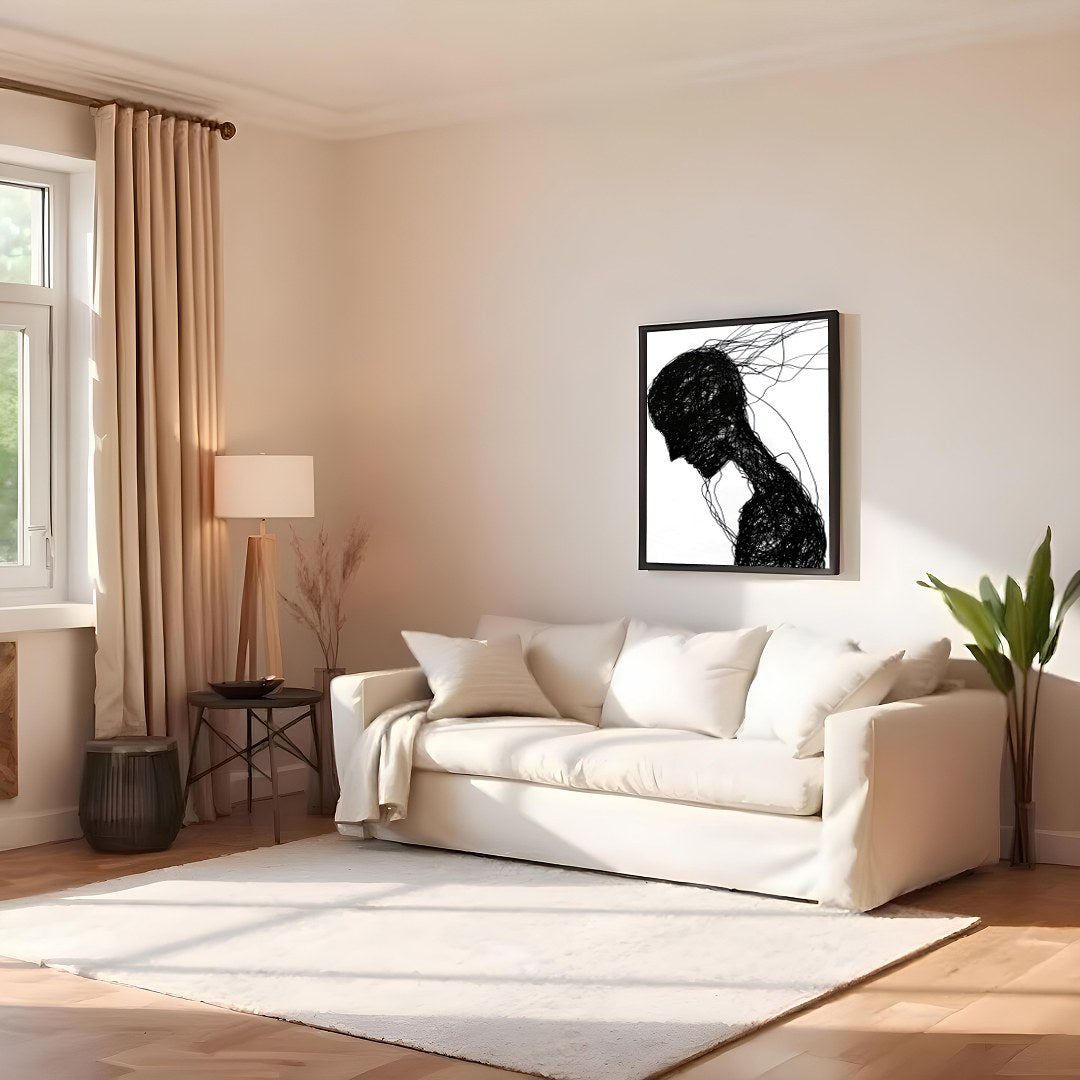 This captivating piece features a silhouette formed by a network of intricate black lines. The for Family Room