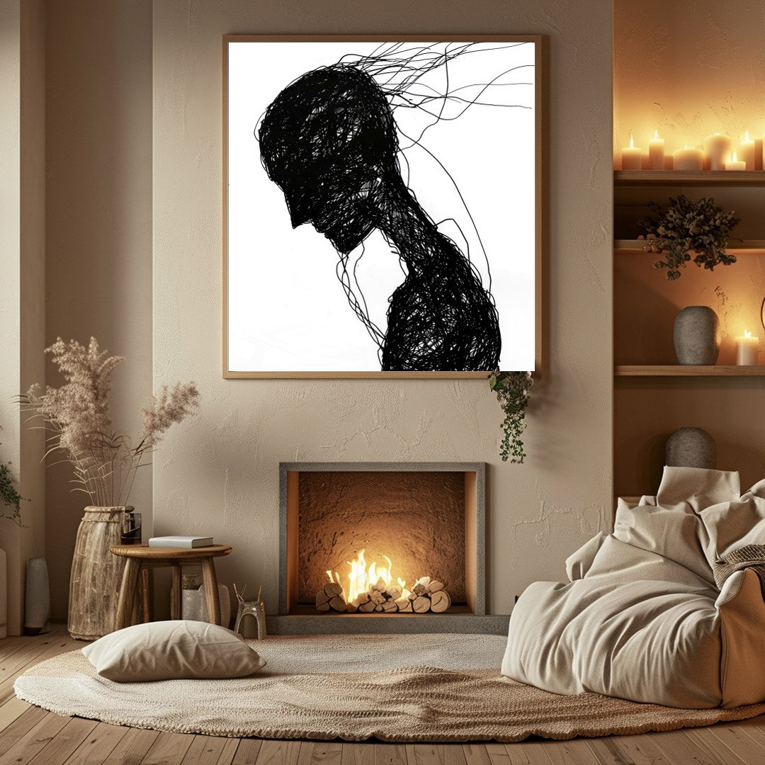 This captivating piece features a silhouette formed by a network of intricate black lines. The for Hall