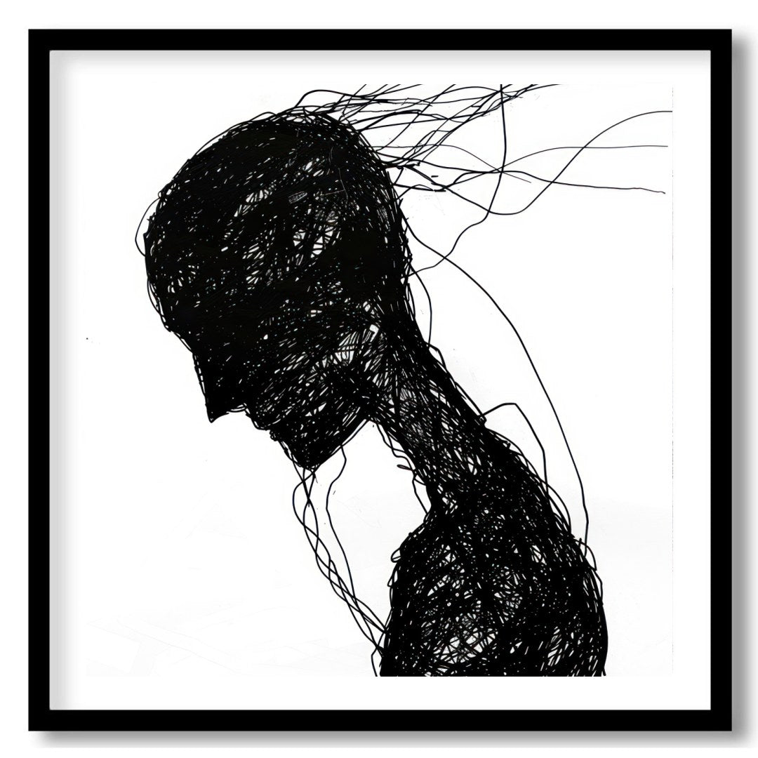 This captivating piece features a silhouette formed by a network of intricate black lines. The for haven