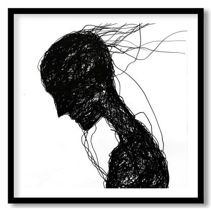 This captivating piece features a silhouette formed by a network of intricate black lines. The for haven