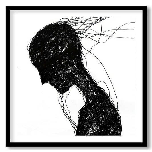 This captivating piece features a silhouette formed by a network of intricate black lines. The for haven