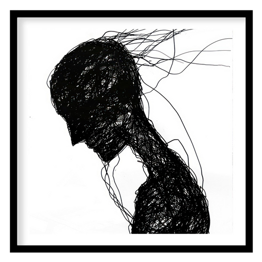 This captivating piece features a silhouette formed by a network of intricate black lines. The for haven