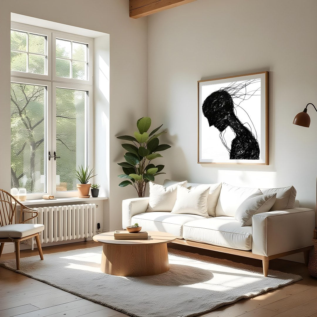 This captivating piece features a silhouette formed by a network of intricate black lines. The for Living Room