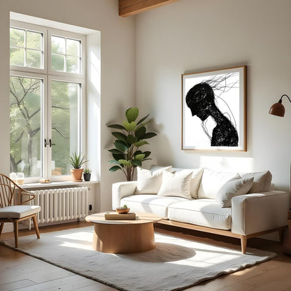 This captivating piece features a silhouette formed by a network of intricate black lines. The for Living Room
