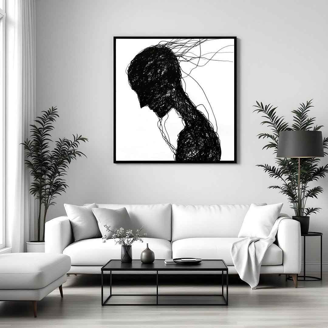 This captivating piece features a silhouette formed by a network of intricate black lines. The for Sitting Area