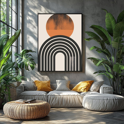 Dive into minimalist elegance with this abstract art piece featuring a striking sun and arch motif. for Balcony