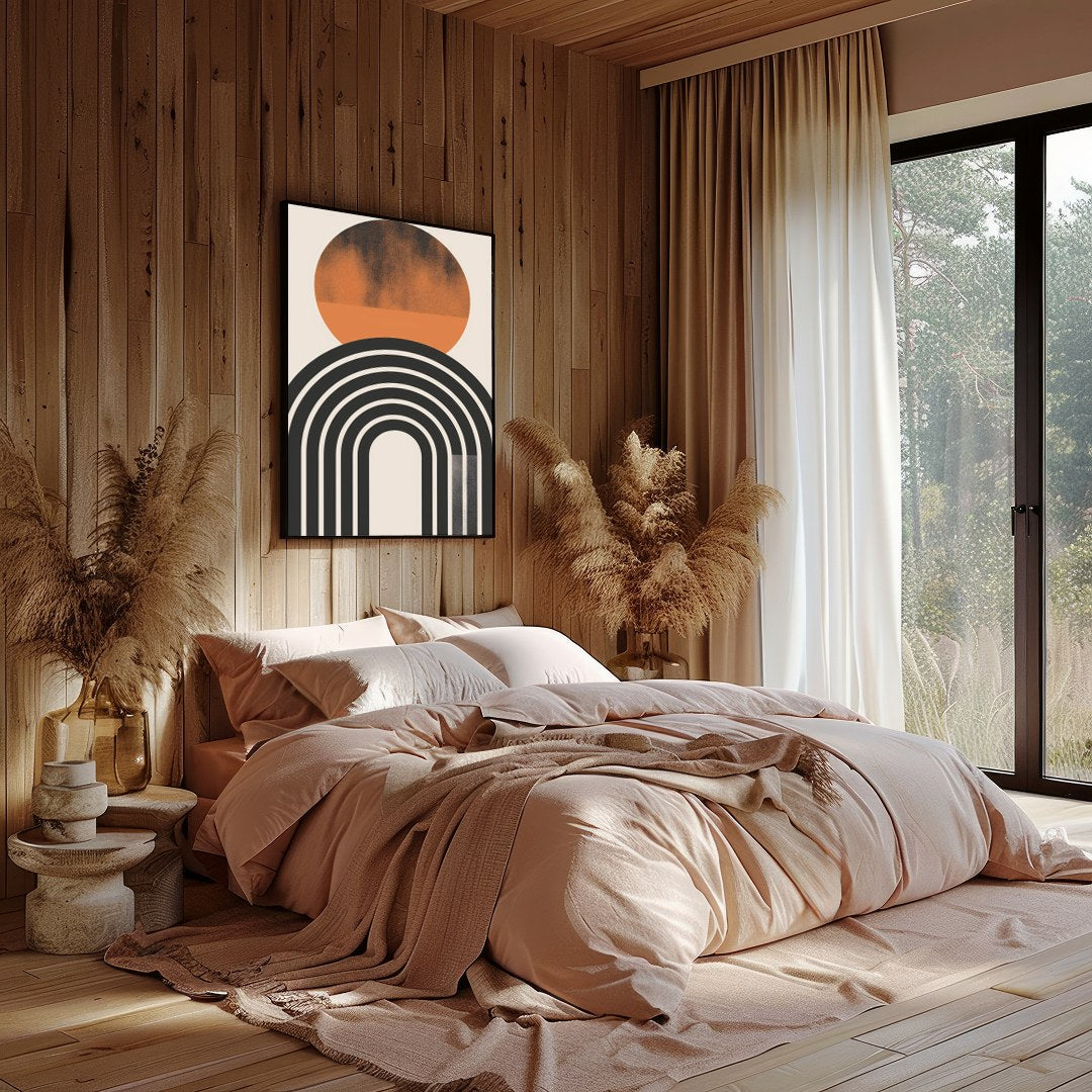 Dive into minimalist elegance with this abstract art piece featuring a striking sun and arch motif. for Bedroom