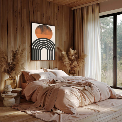 Dive into minimalist elegance with this abstract art piece featuring a striking sun and arch motif. for Bedroom