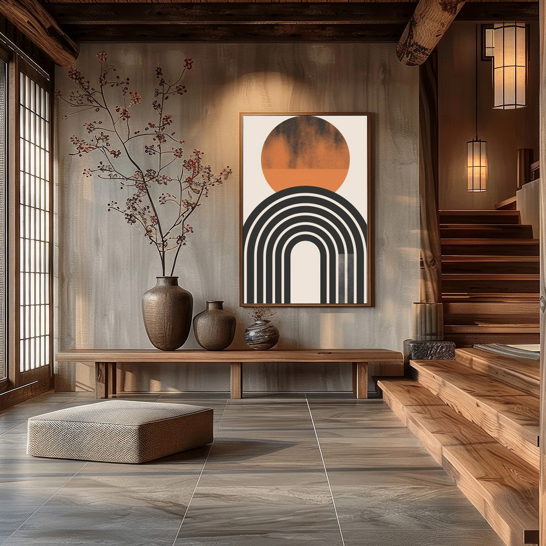 Dive into minimalist elegance with this abstract art piece featuring a striking sun and arch motif. for Hall