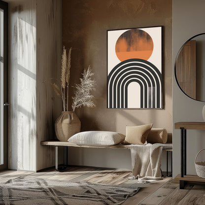 Dive into minimalist elegance with this abstract art piece featuring a striking sun and arch motif. for interior