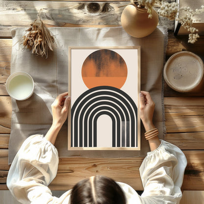 Dive into minimalist elegance with this abstract art piece featuring a striking sun and arch motif. for Kitchen