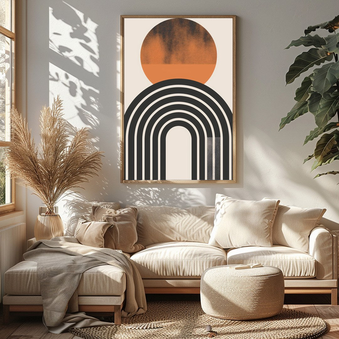 Dive into minimalist elegance with this abstract art piece featuring a striking sun and arch motif. for Sitting Area