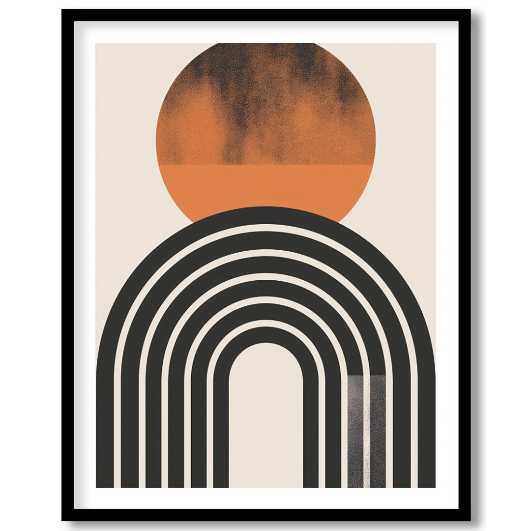 Dive into minimalist elegance with this abstract art piece featuring a striking sun and arch motif. for space