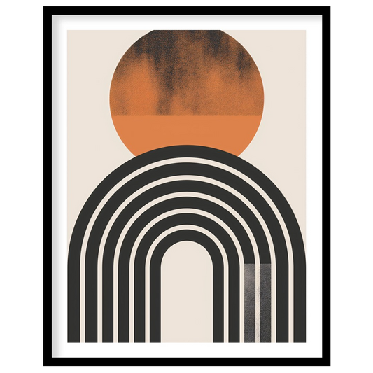 Dive into minimalist elegance with this abstract art piece featuring a striking sun and arch motif. for space