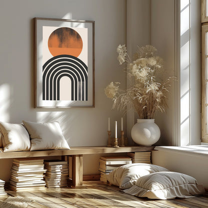 Dive into minimalist elegance with this abstract art piece featuring a striking sun and arch motif. for sweet-home