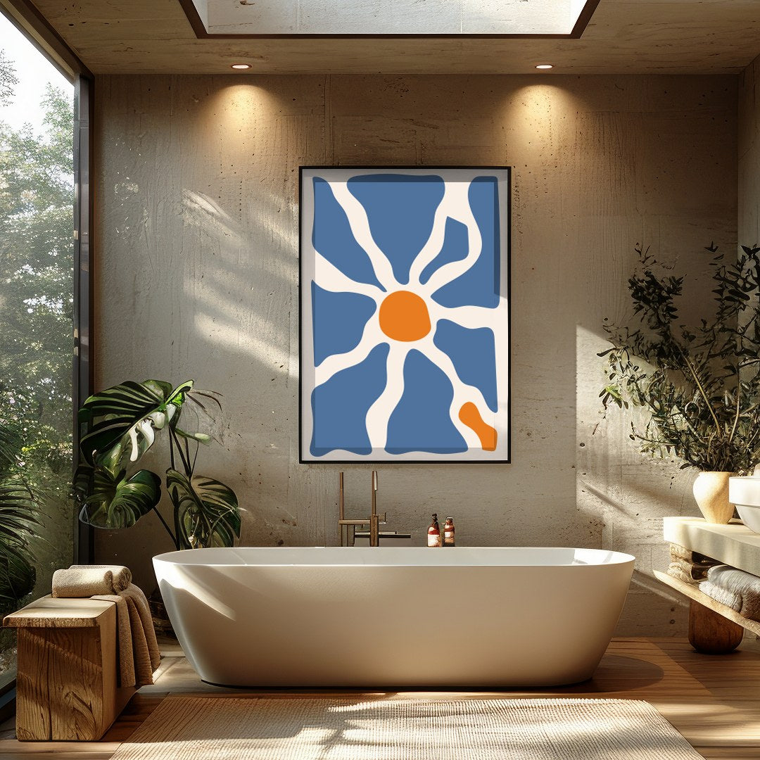 This captivating wall art piece features an interplay of flowing blue and warm terracotta forms, for Bathroom