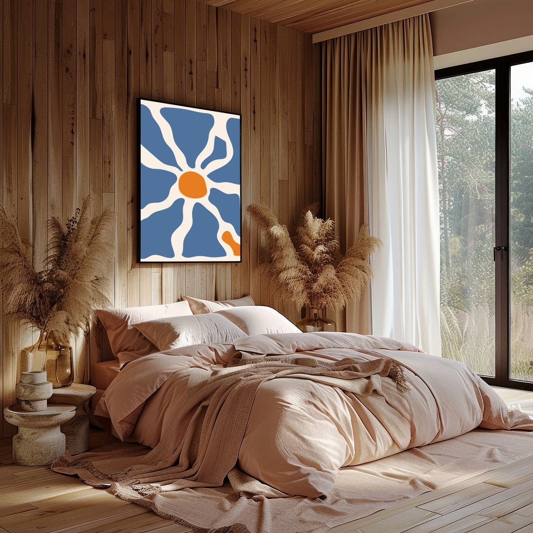 This captivating wall art piece features an interplay of flowing blue and warm terracotta forms, for Bedroom
