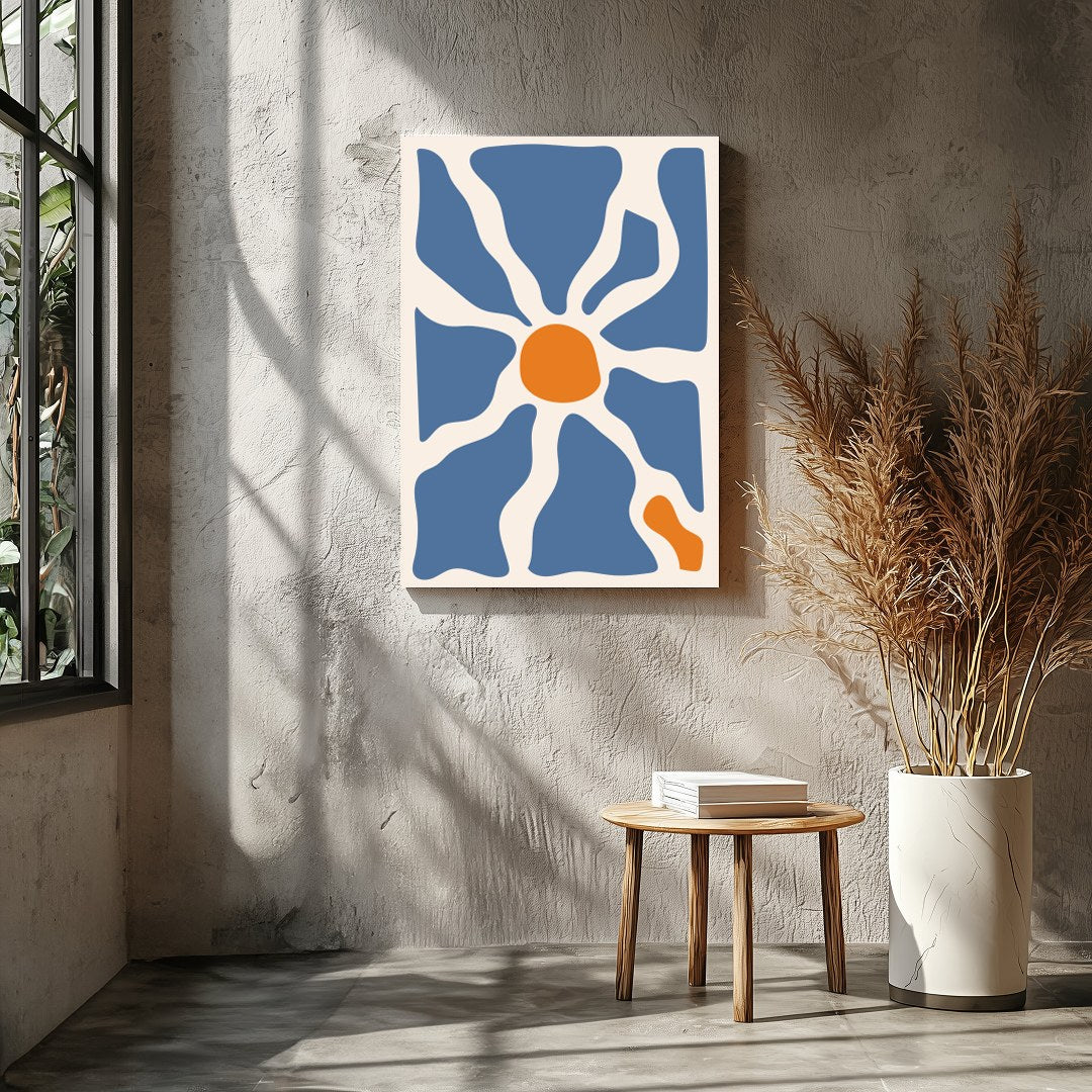 This captivating wall art piece features an interplay of flowing blue and warm terracotta forms, for Entrance