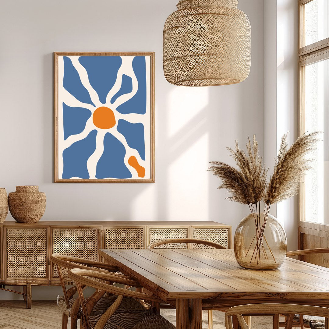 This captivating wall art piece features an interplay of flowing blue and warm terracotta forms, for Extra Kitchen