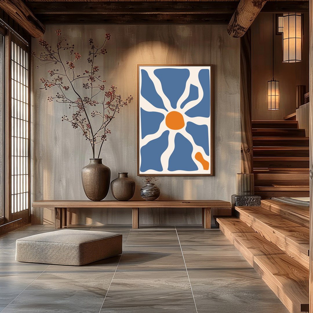 This captivating wall art piece features an interplay of flowing blue and warm terracotta forms, for Hall
