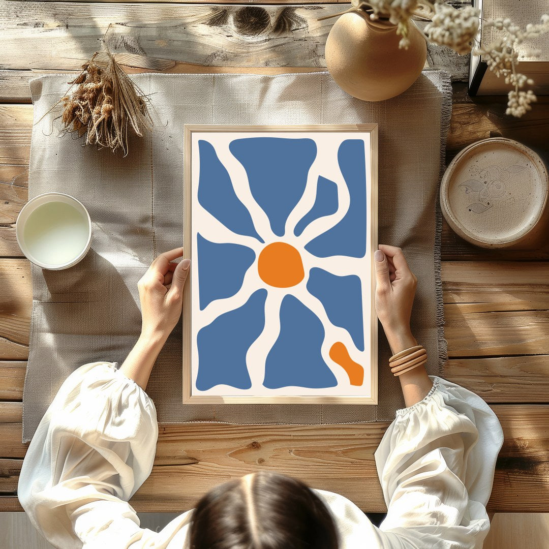 This captivating wall art piece features an interplay of flowing blue and warm terracotta forms, for Kitchen