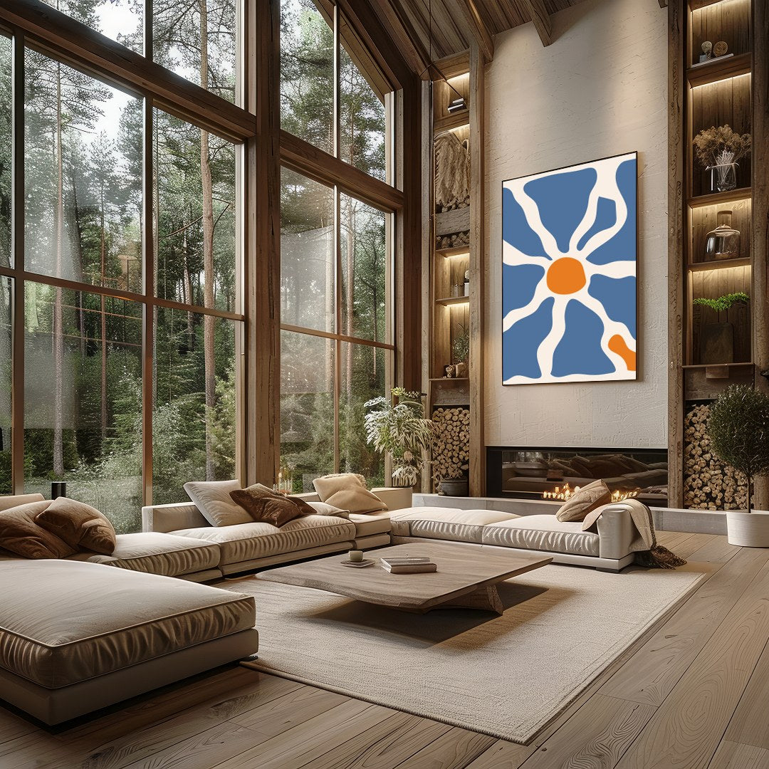 This captivating wall art piece features an interplay of flowing blue and warm terracotta forms, for Living Room