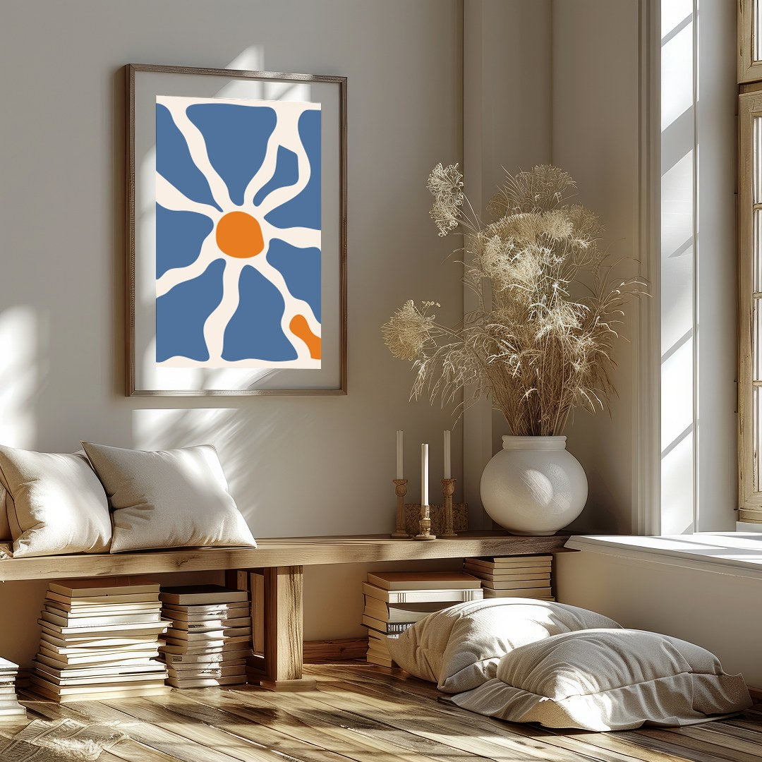 This captivating wall art piece features an interplay of flowing blue and warm terracotta forms, for place
