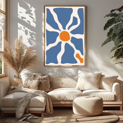 This captivating wall art piece features an interplay of flowing blue and warm terracotta forms, for Sitting Area