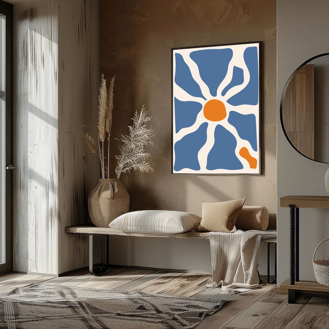 This captivating wall art piece features an interplay of flowing blue and warm terracotta forms, for sweet-home