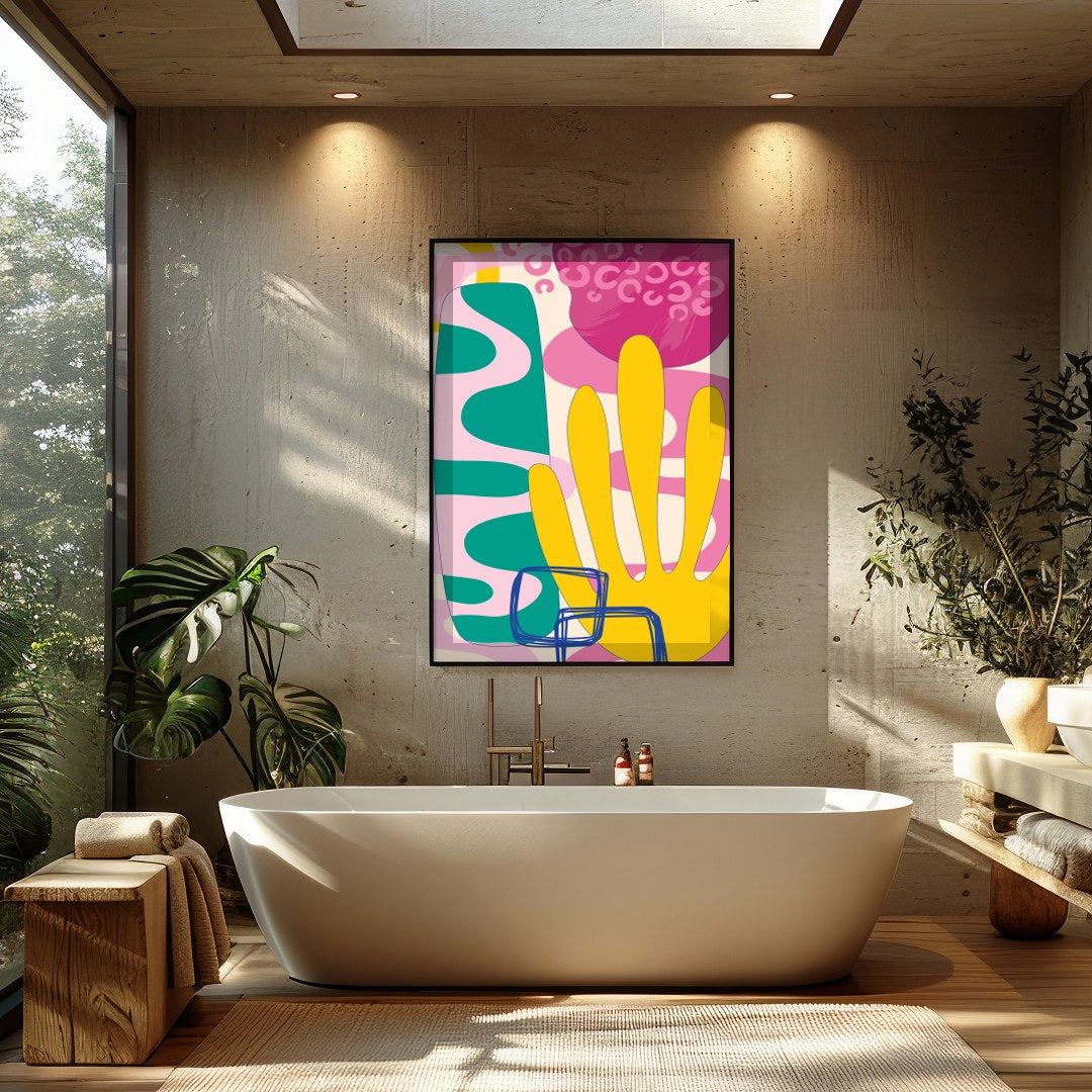 This vibrant abstract piece captures the essence of a harmonious sunrise with its bold and fluid for Bathroom