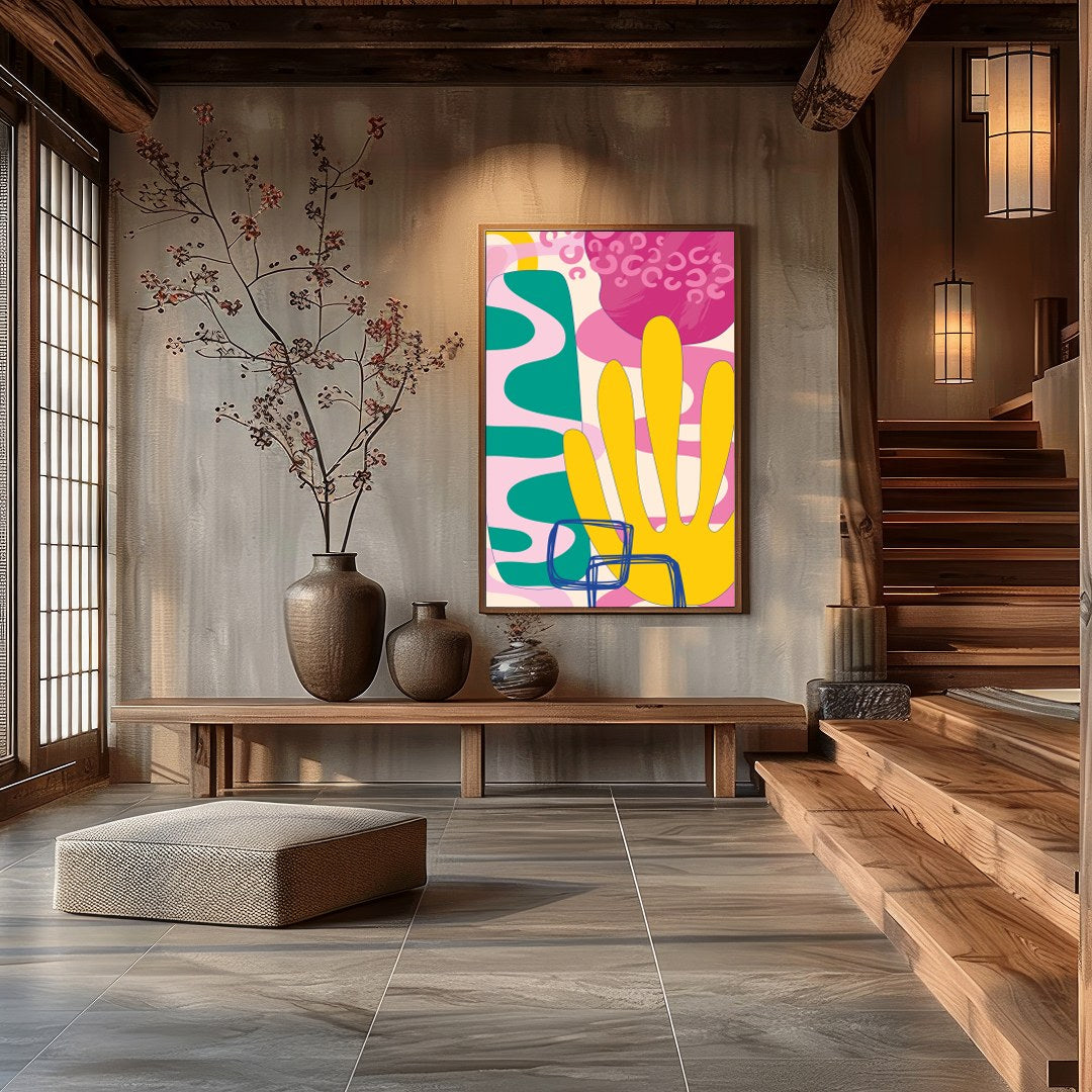This vibrant abstract piece captures the essence of a harmonious sunrise with its bold and fluid for Hall