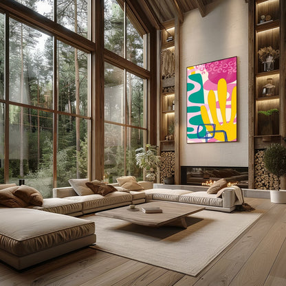 This vibrant abstract piece captures the essence of a harmonious sunrise with its bold and fluid for Living Room