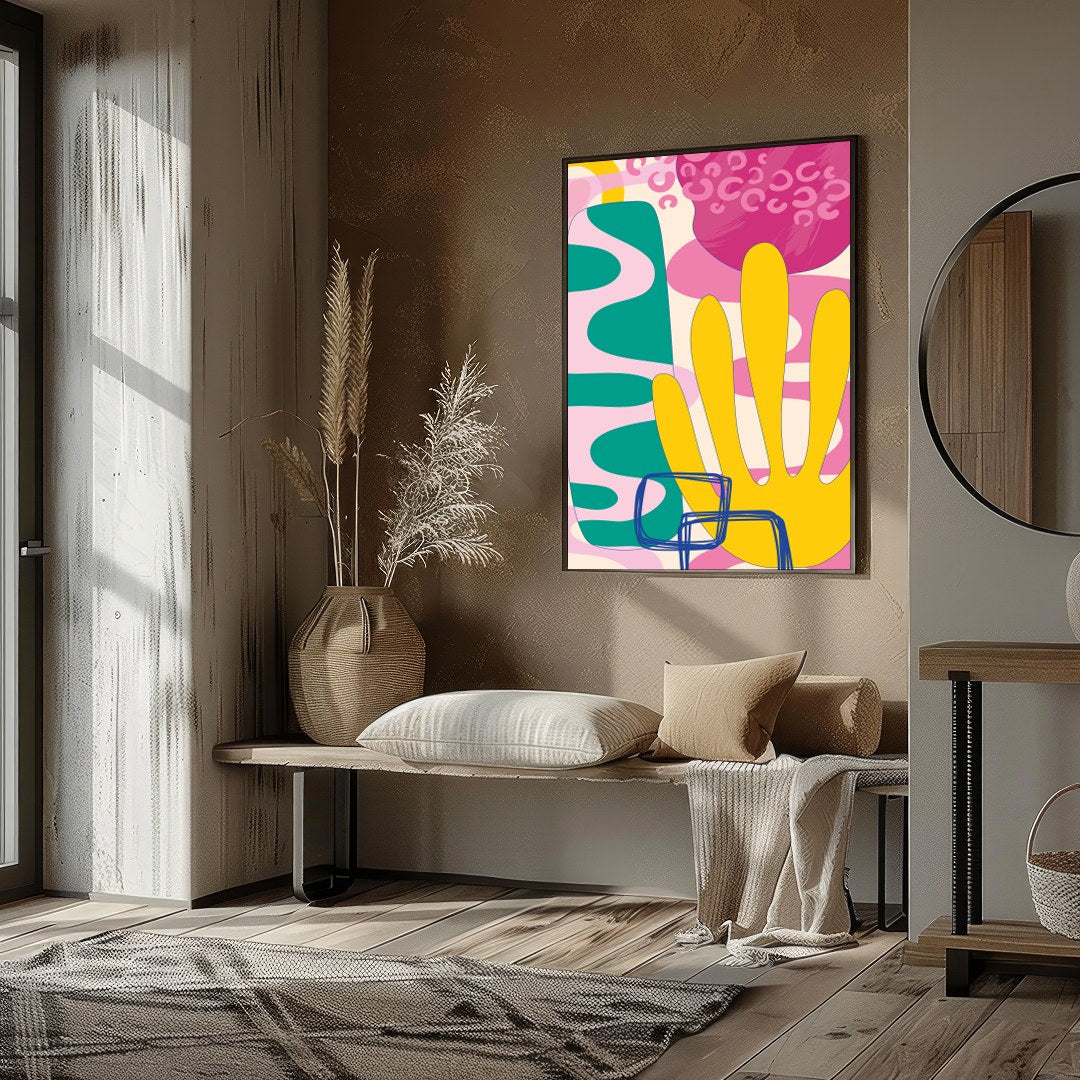 This vibrant abstract piece captures the essence of a harmonious sunrise with its bold and fluid for nook