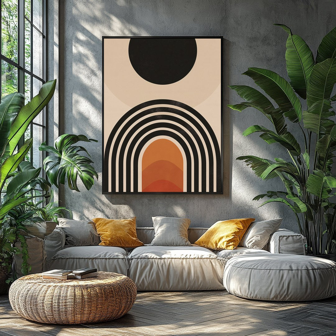 Elevate your space with this stunning mid-century modern artwork, featuring a bold sun and layered for Balcony