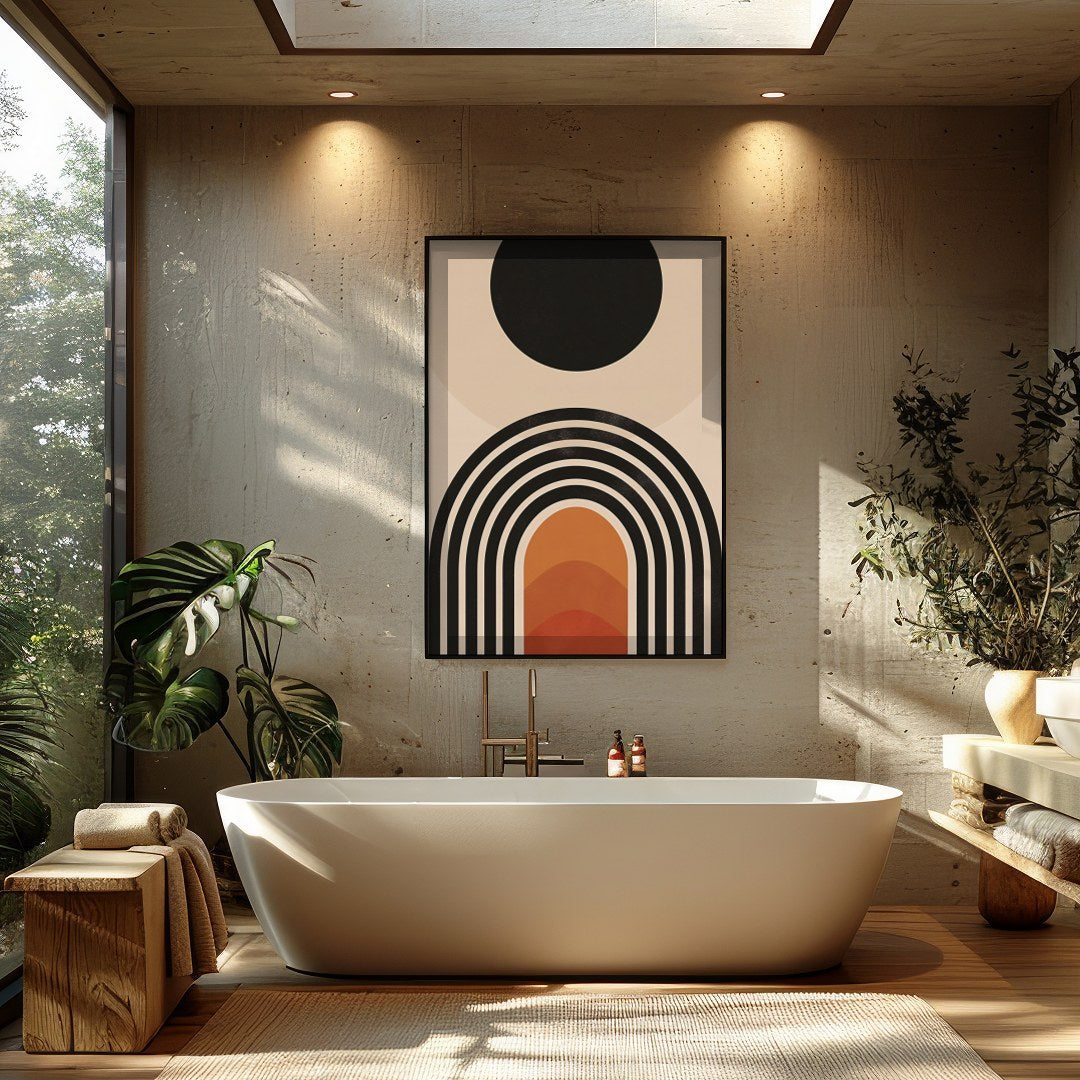 Elevate your space with this stunning mid-century modern artwork, featuring a bold sun and layered for Bathroom