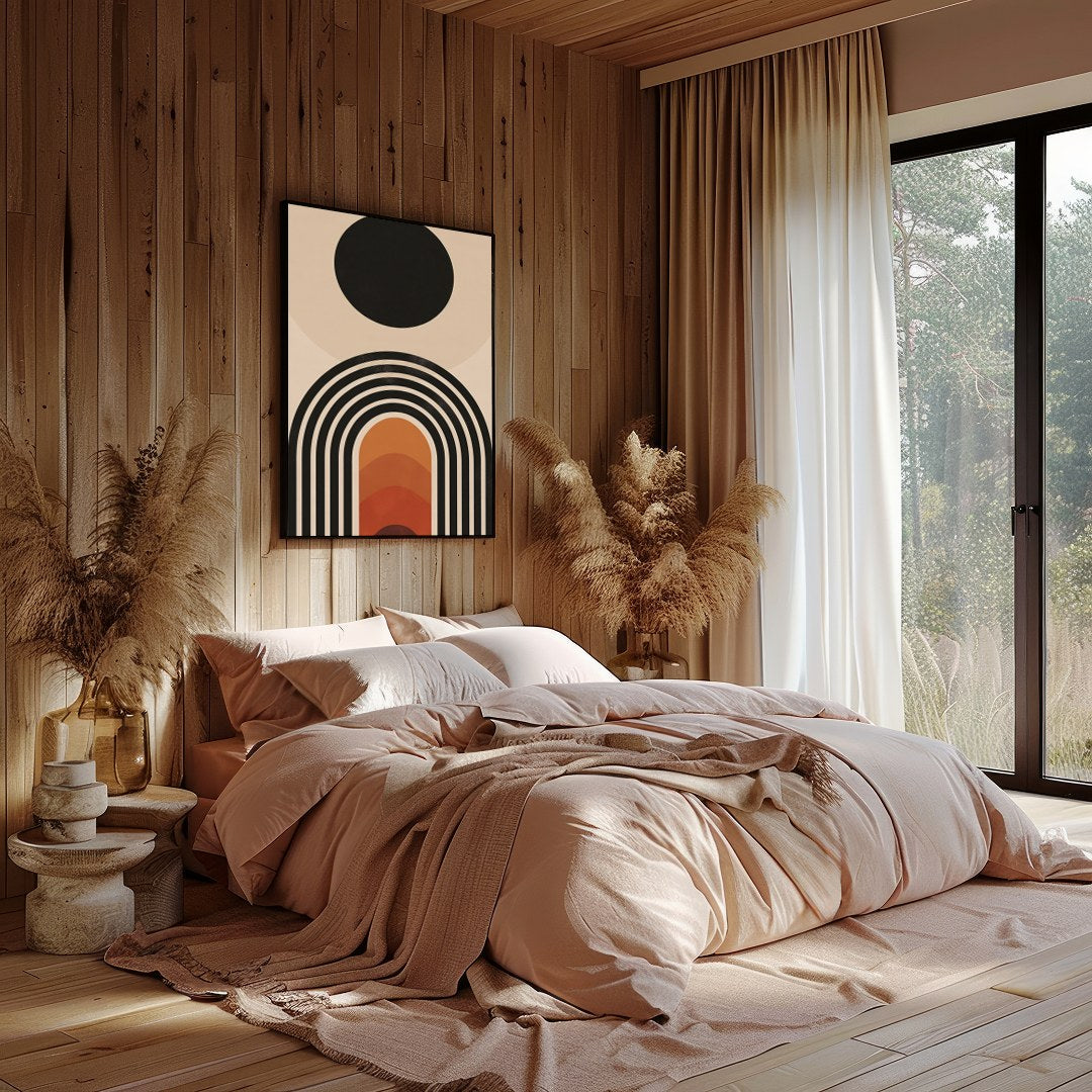 Elevate your space with this stunning mid-century modern artwork, featuring a bold sun and layered for Bedroom
