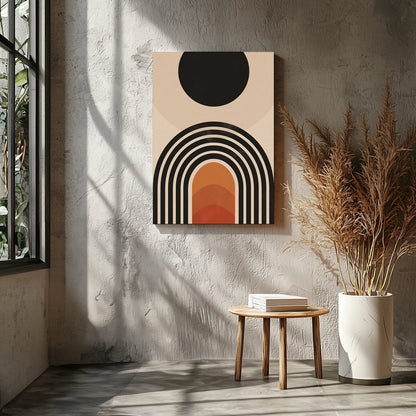 Elevate your space with this stunning mid-century modern artwork, featuring a bold sun and layered for Entrance