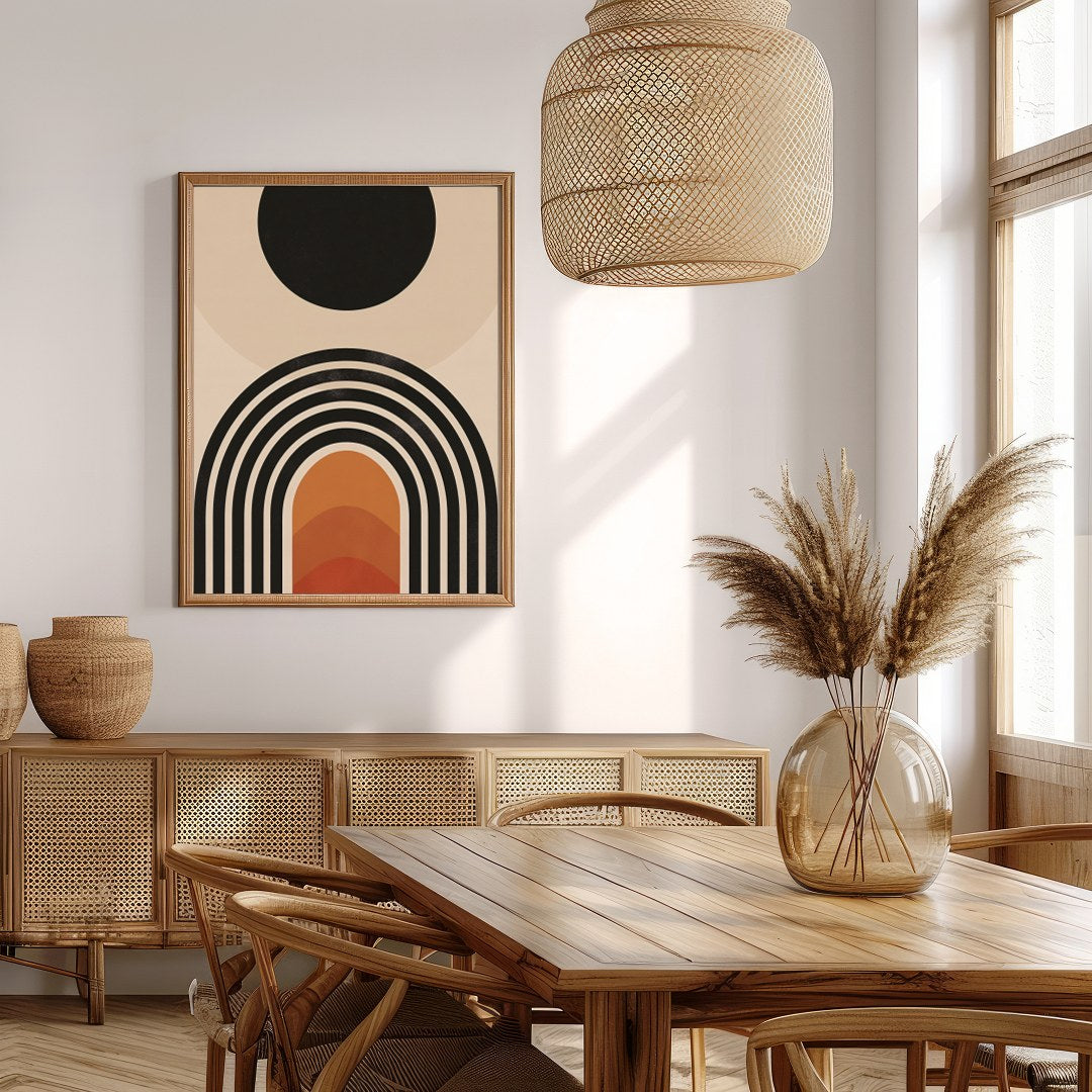 Elevate your space with this stunning mid-century modern artwork, featuring a bold sun and layered for Extra Kitchen