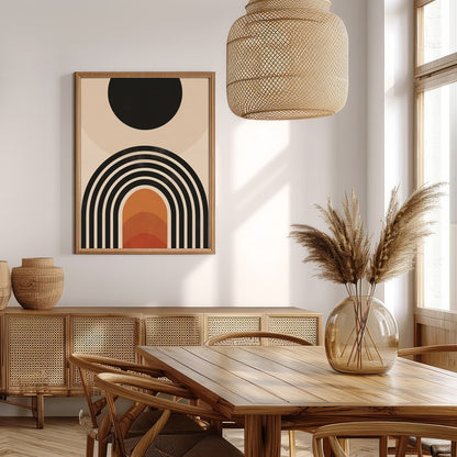 Elevate your space with this stunning mid-century modern artwork, featuring a bold sun and layered for Extra Kitchen